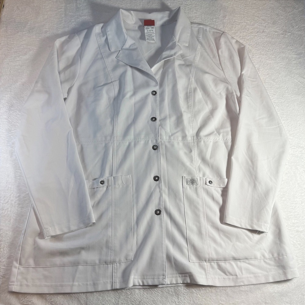 Dickies Womens White Scrub Jacket XL Button Front Medical Lab Coat 82400 DWHZ